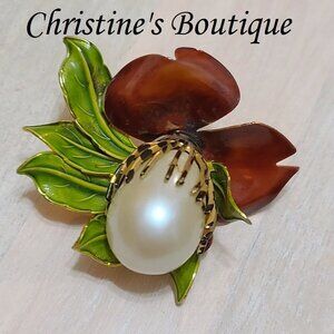 Vintage brooch by Hattie Carnigie pin with large pearl enamel flower pin,
